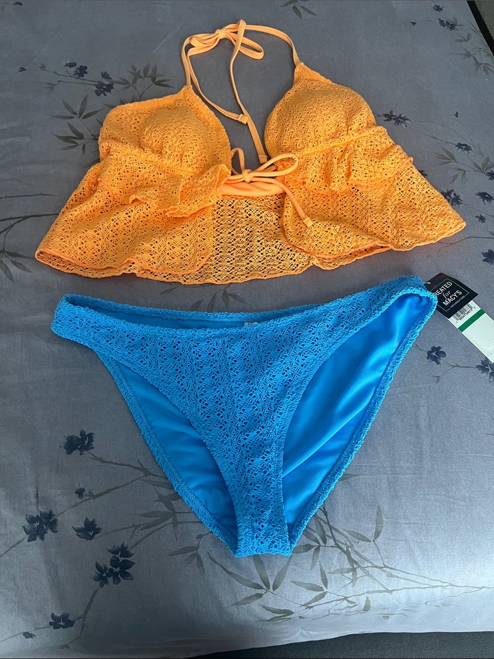Crochet Halter Bikini Set in Bright Orange & Blue - Unbranded